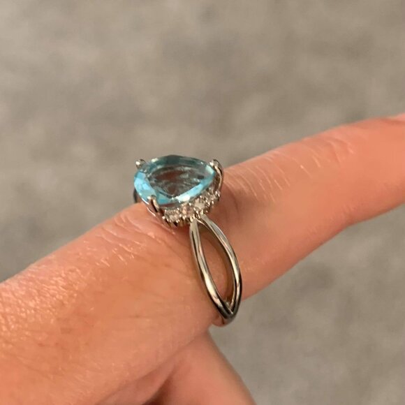 Light Aquamarine CZ Teardrop Cut Ring on a Dainty Sterling Silver Setting - Picture 2 of 6